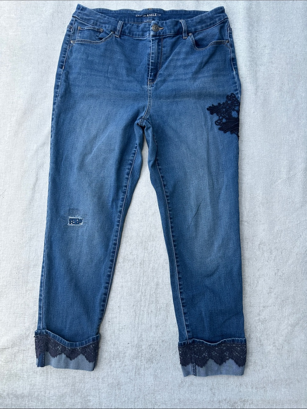 Chico's Dark Blue Ankle Jeans with Lace Trim